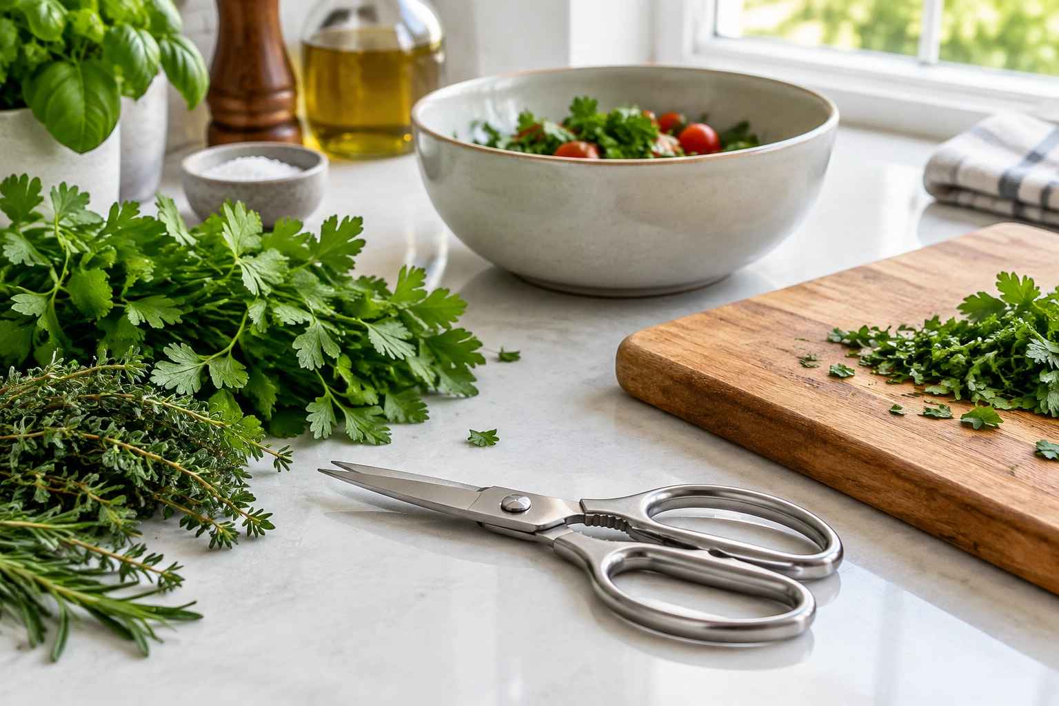 Stainless steel kitchen shears beside herbs and a cutting board
