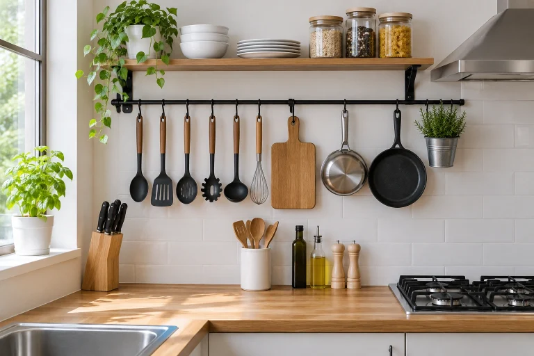 Wall-mounted kitchen utensil storage with hooks and a rack