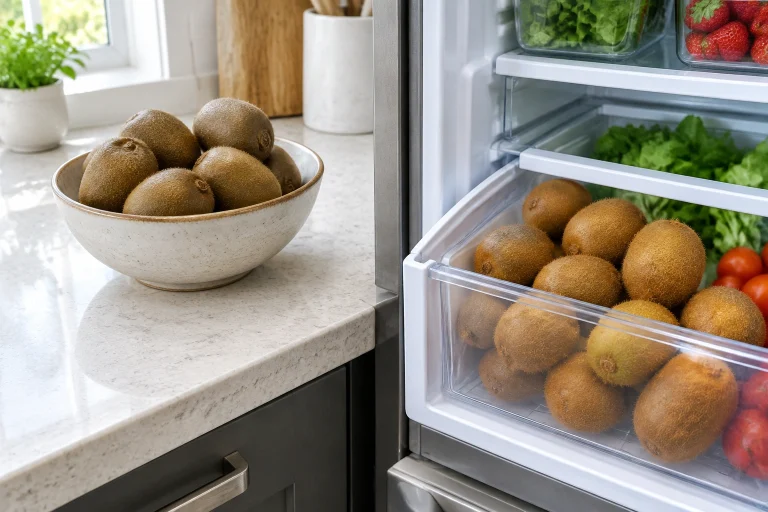 Countertop bowl of kiwi beside a refrigerator produce drawer