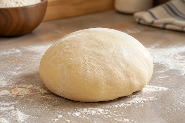 Close-up of smooth bread dough on a counter