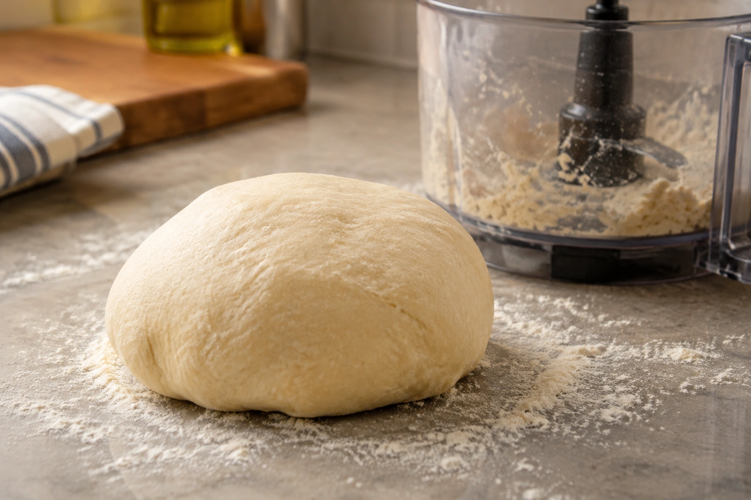 Smooth bread dough ball resting after brief food processor kneading
