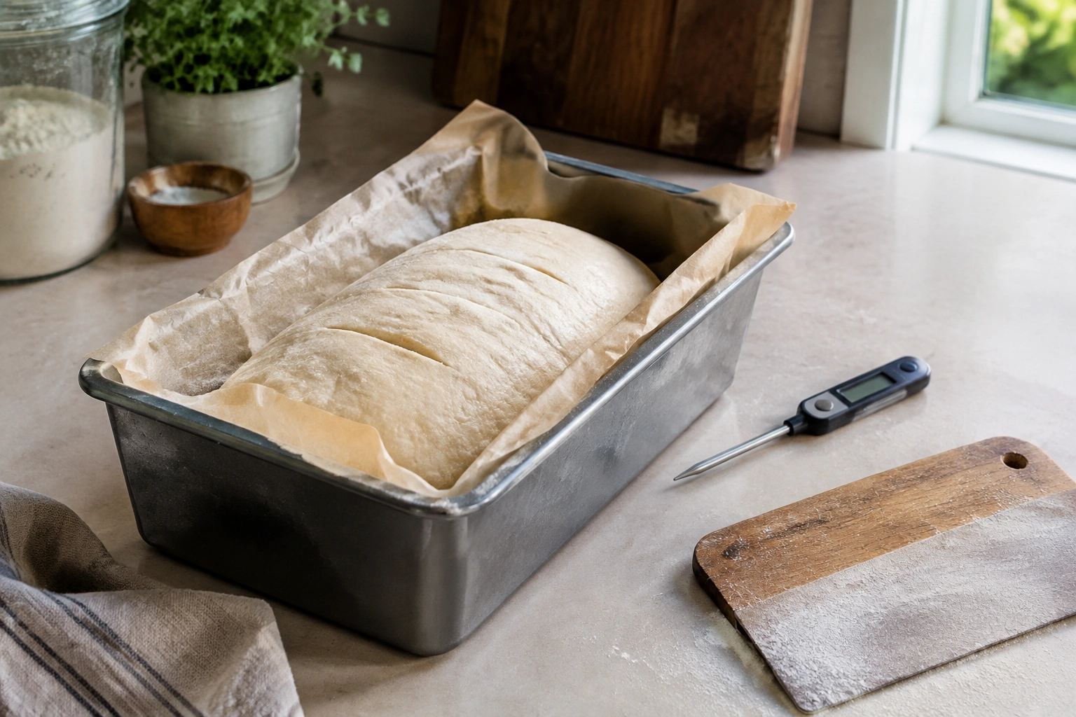 Loaf pan with shaped bread dough and baking tools on a counter
