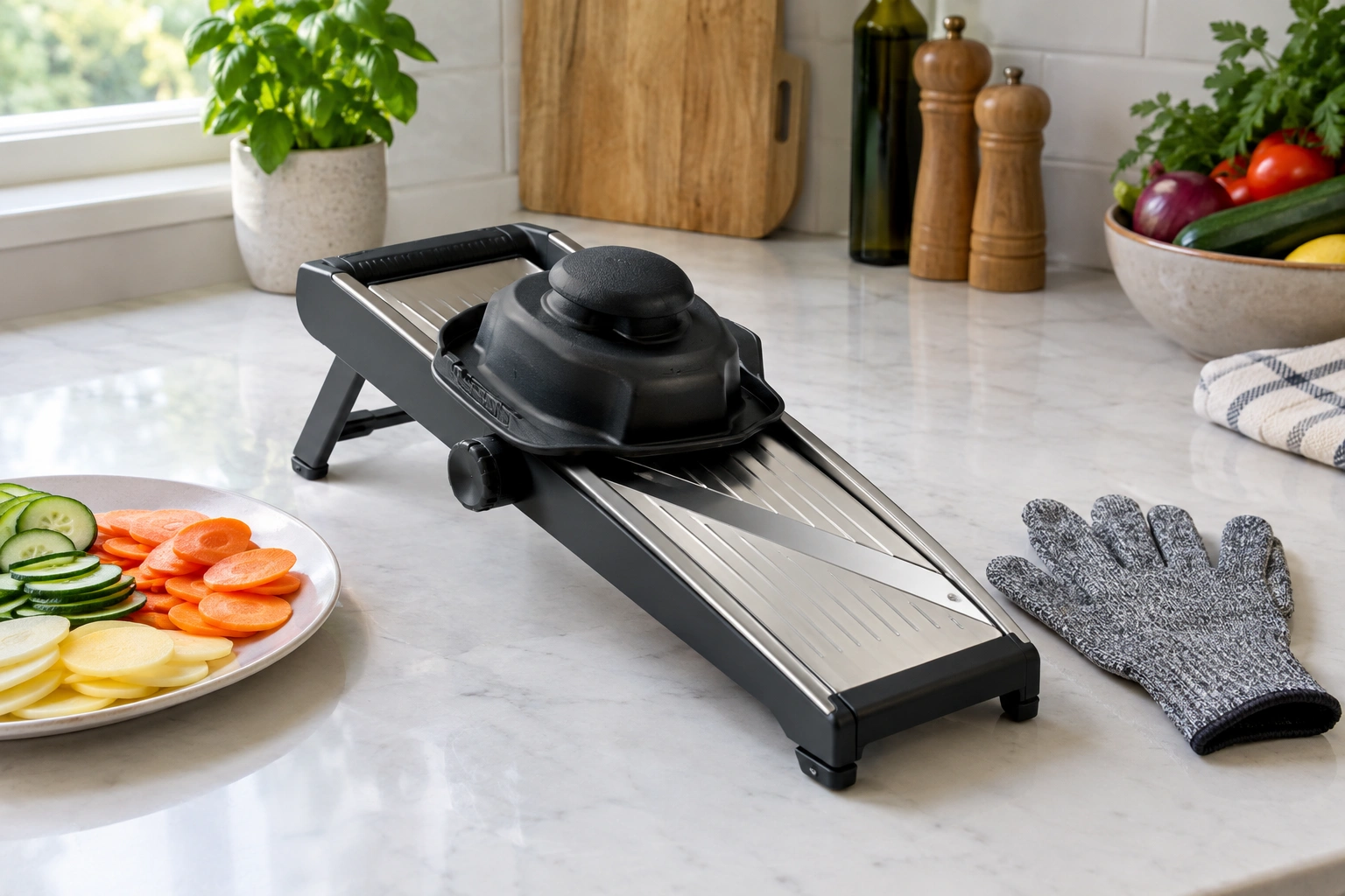 Mandoline slicer on a stable surface with hand guard and cut-resistant glove nearby