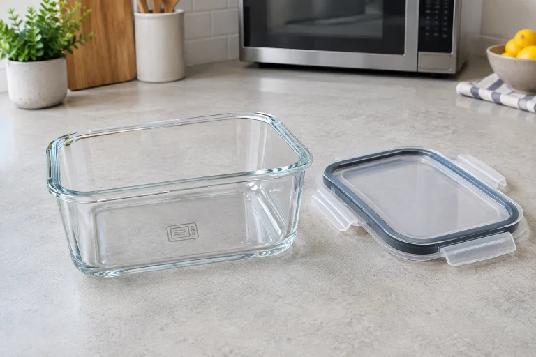 A microwave-safe meal prep container with its lid and label visible on a kitchen counter