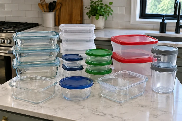 Assorted meal prep containers in common sizes arranged on a kitchen counter