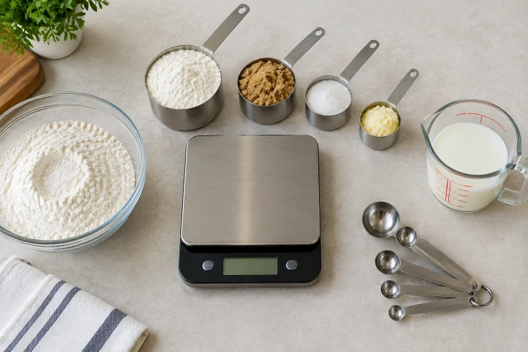 Digital kitchen scale with measuring cups and spoons on a kitchen counter