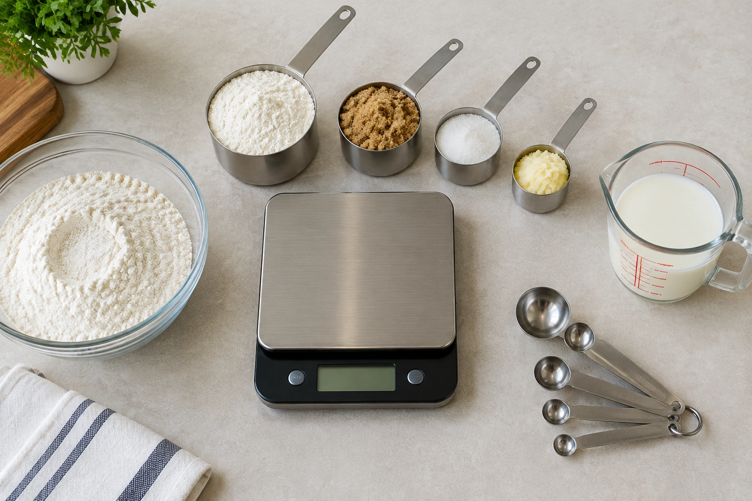 Digital kitchen scale with measuring cups and spoons on a kitchen counter