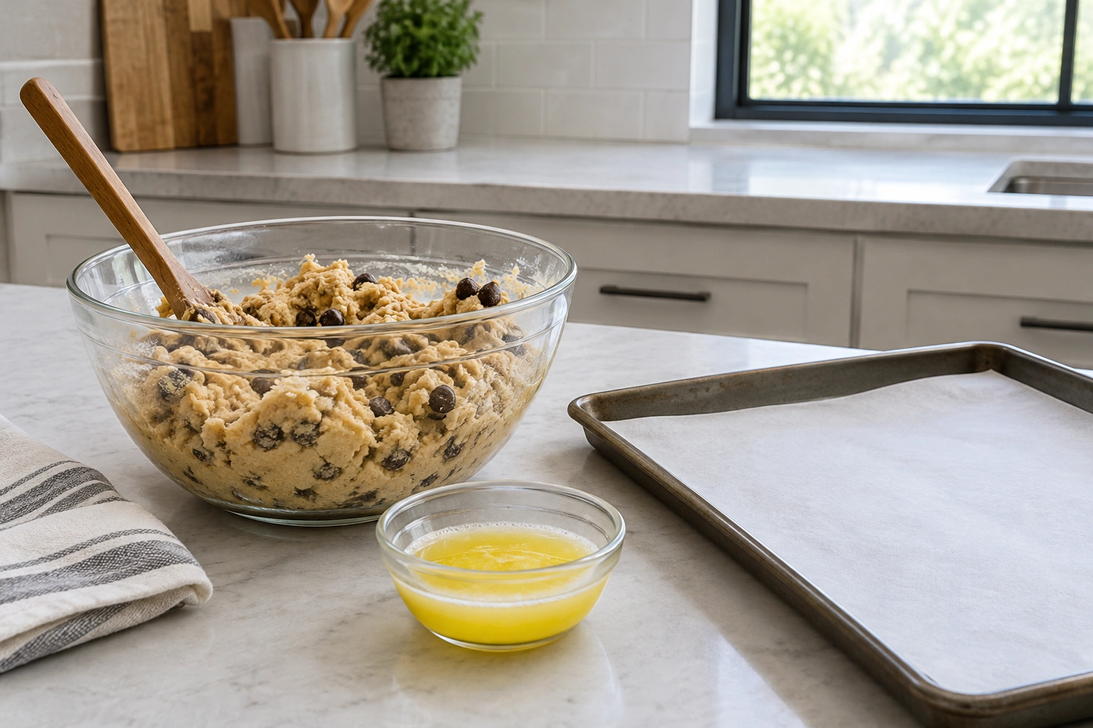 Bowl of cookie dough beside melted butter and a baking sheet