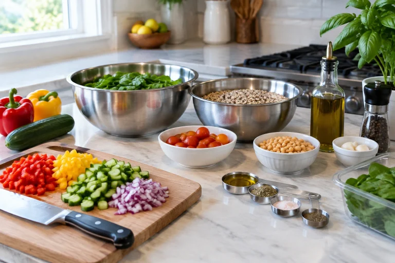 Stainless steel mixing bowls arranged on a kitchen counter with chopped ingredients nearby.