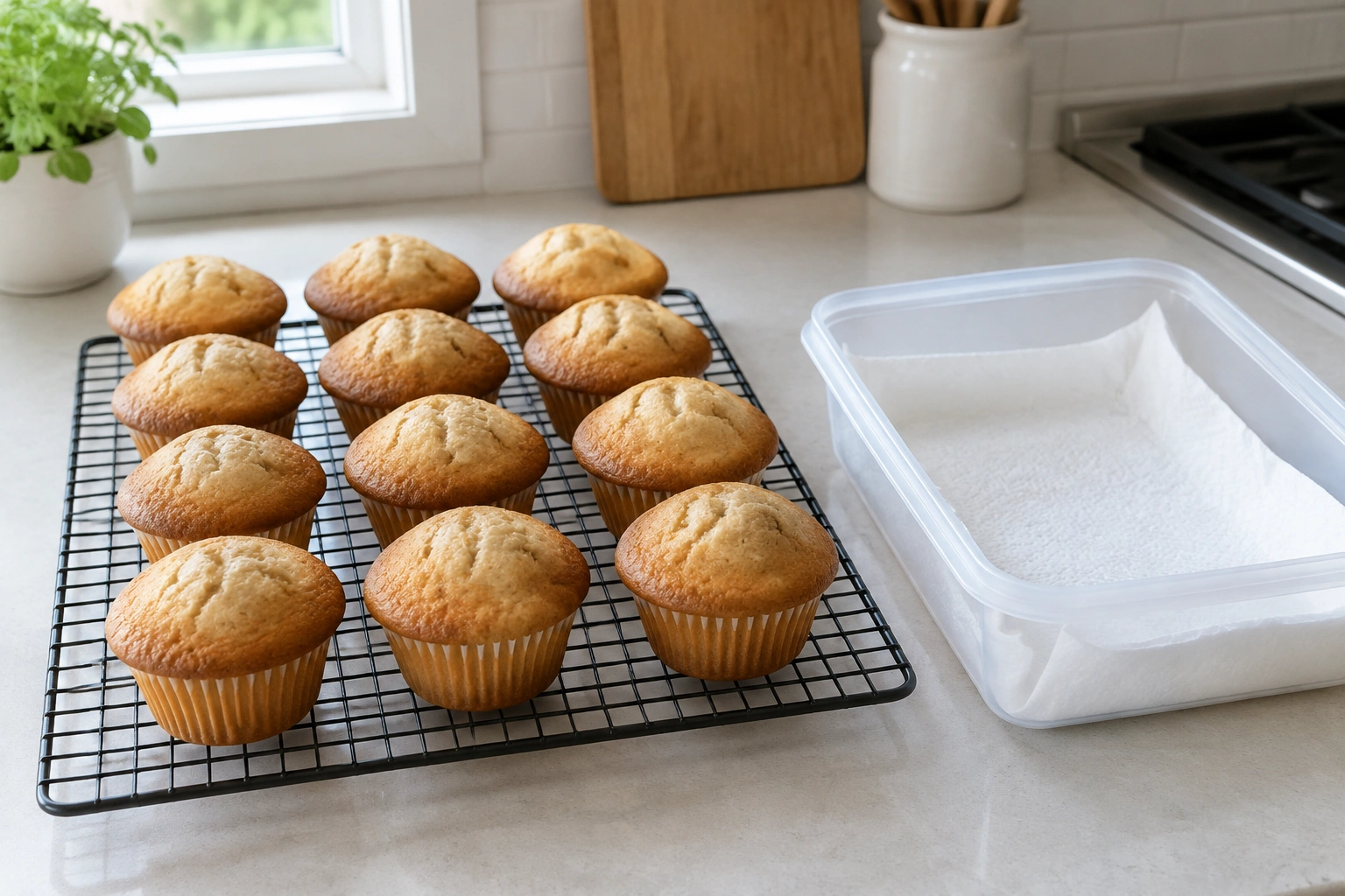Plain muffins cooling on a rack beside a lined storage container