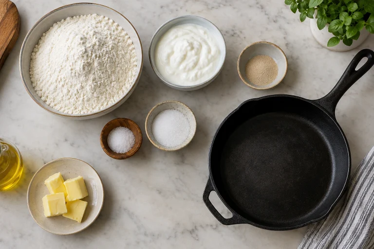 Flatbread ingredients and a cast-iron skillet arranged on a kitchen counter