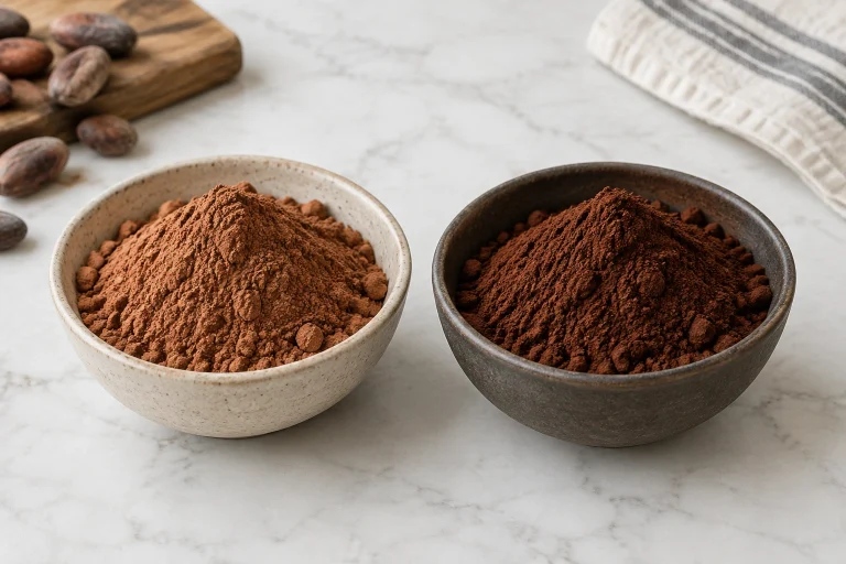 Side-by-side bowls of natural cocoa and Dutch-process cocoa on a kitchen counter