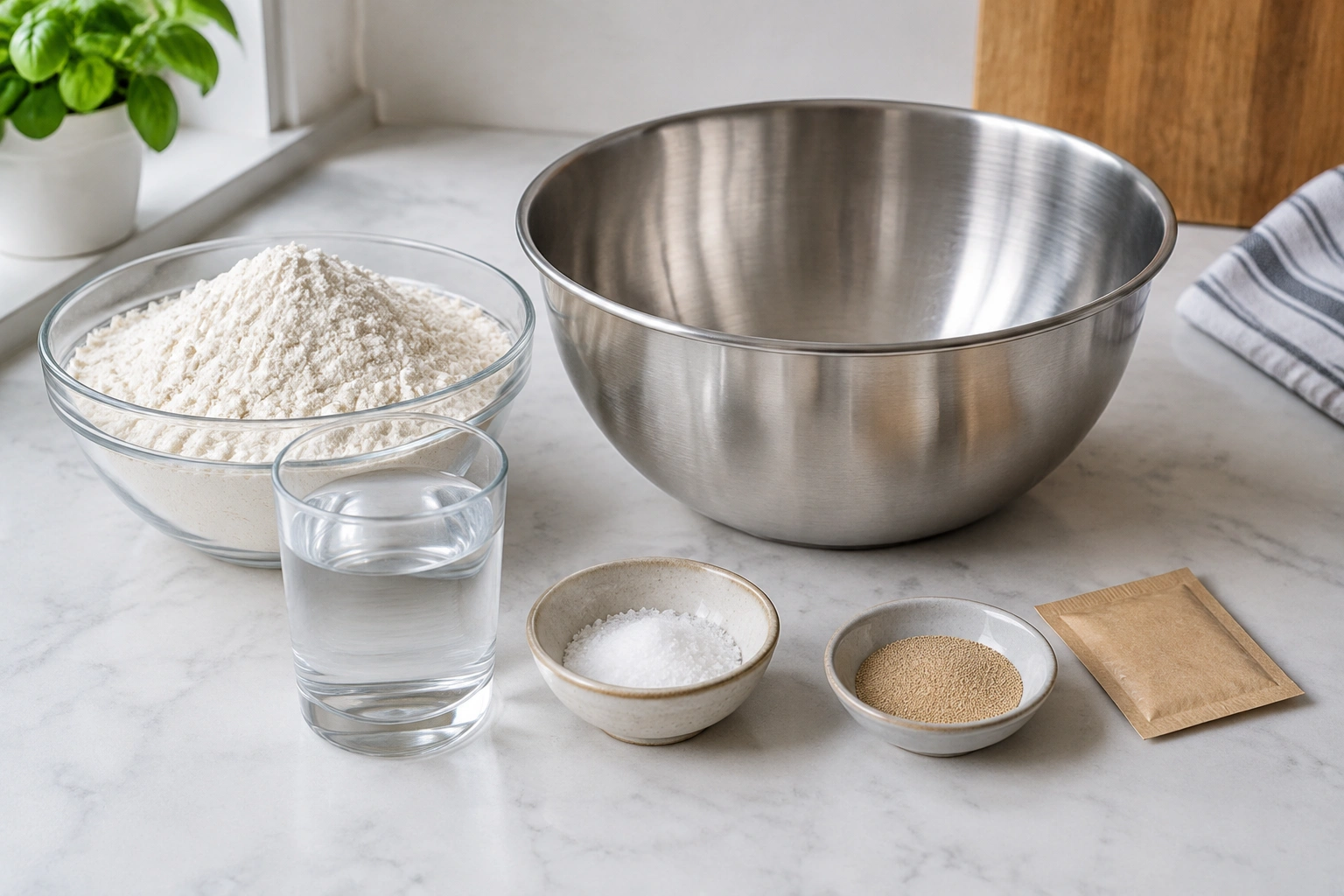 Pizza dough ingredients arranged beside a mixing bowl