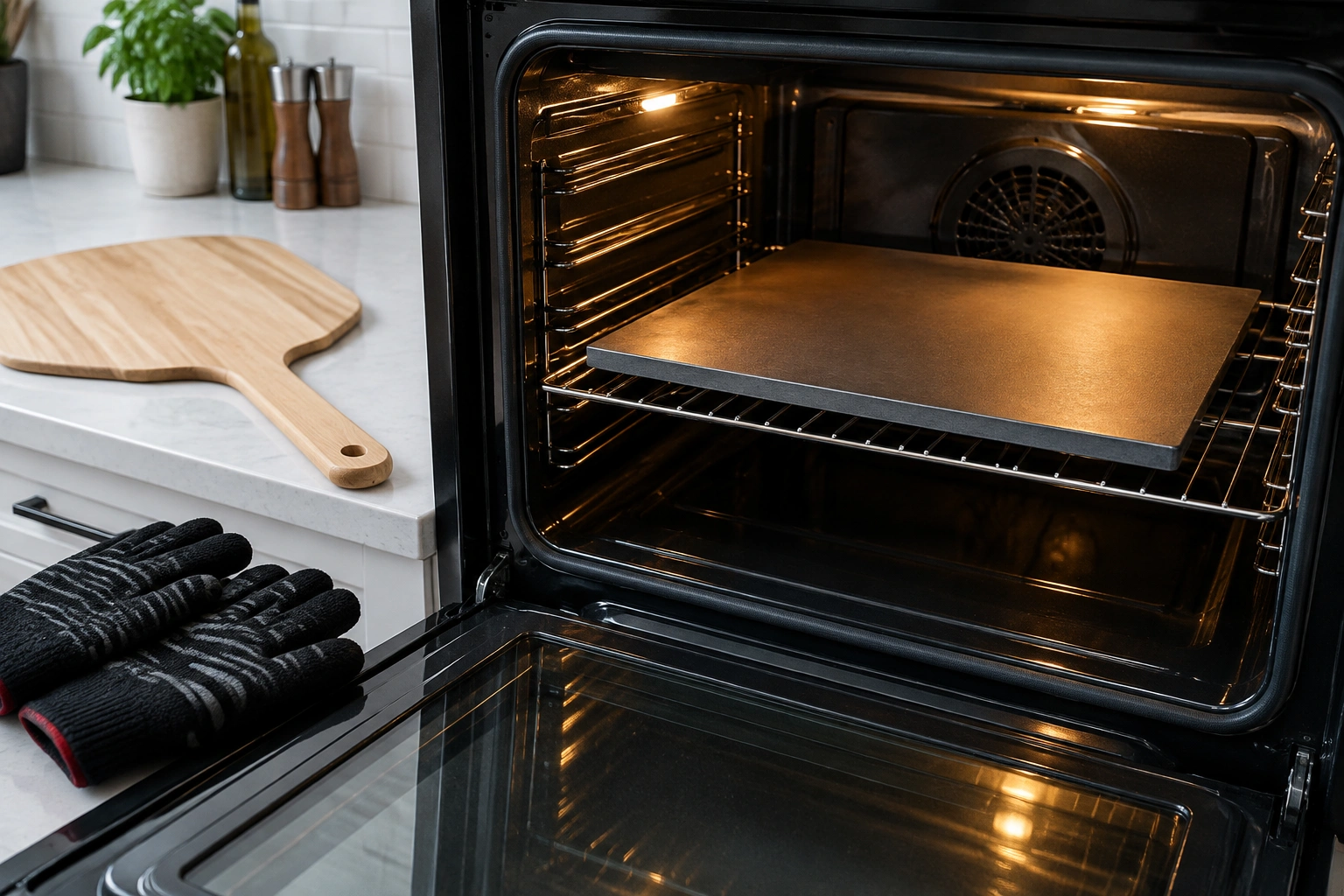 Pizza steel on an oven rack with a peel nearby