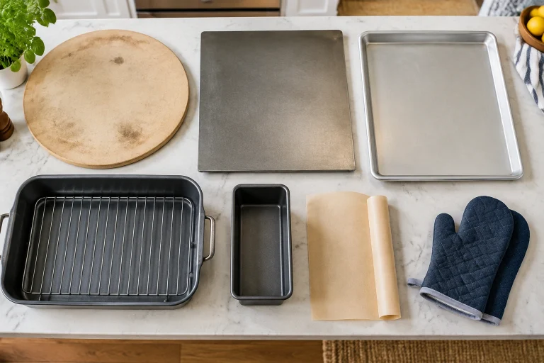 Assorted bread baking tools and pans on a kitchen counter