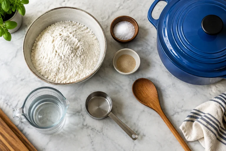 Assorted bread ingredients and baking tools on a counter