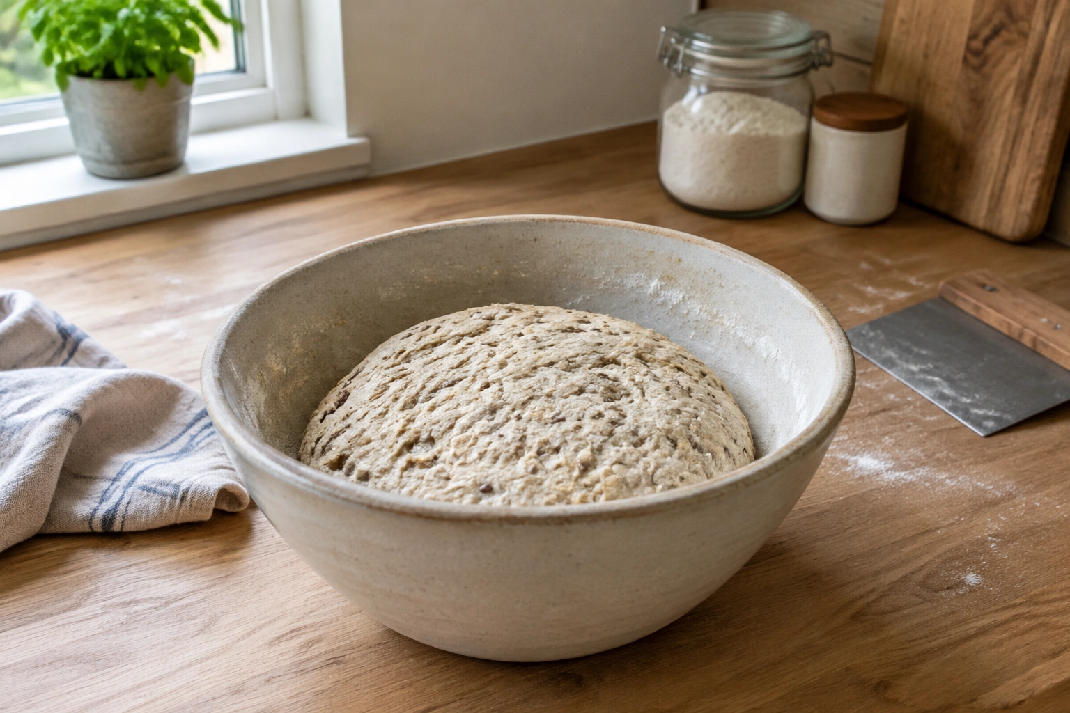 Bowl of mixed bread dough resting on a counter