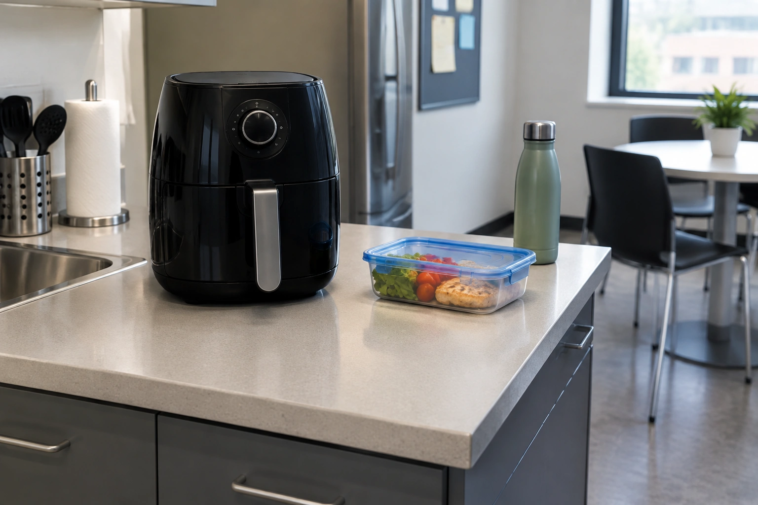 Compact air fryer on an office counter beside a packed lunch container