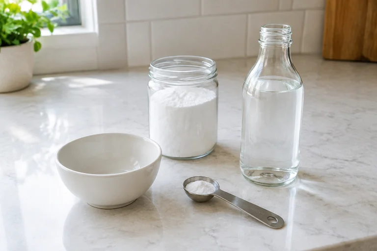 Small open bowl with baking soda and vinegar reaction setup
