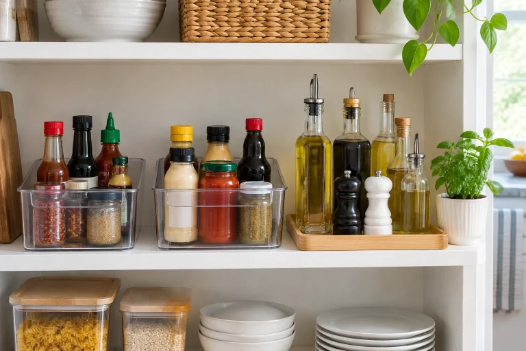 A neat kitchen shelf with sauces and oils arranged in trays and bins