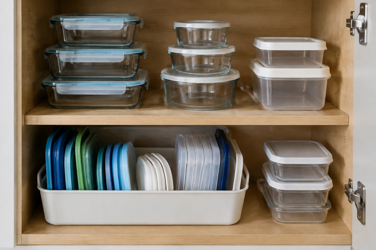 Organized kitchen cabinet with food storage containers grouped by size and lids stored neatly