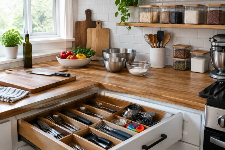 Organized kitchen prep area with cutting boards, bowls, and storage bins