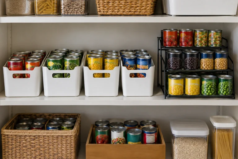 Pantry shelf with organized canned goods in labeled zones