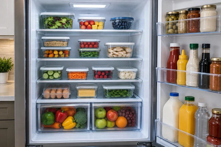 Organized refrigerator shelves with covered food containers