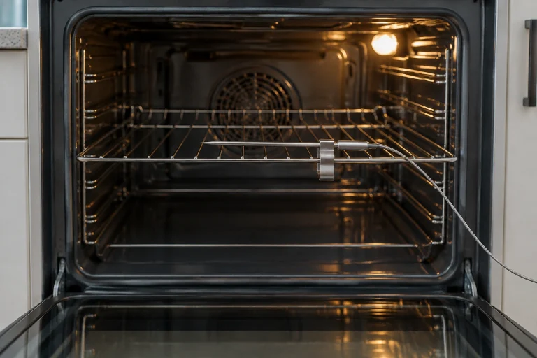 Probe thermometer clipped to the center rack of an open home oven for temperature testing