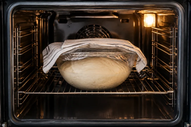 Covered bowl of bread dough inside a warm home oven for proofing