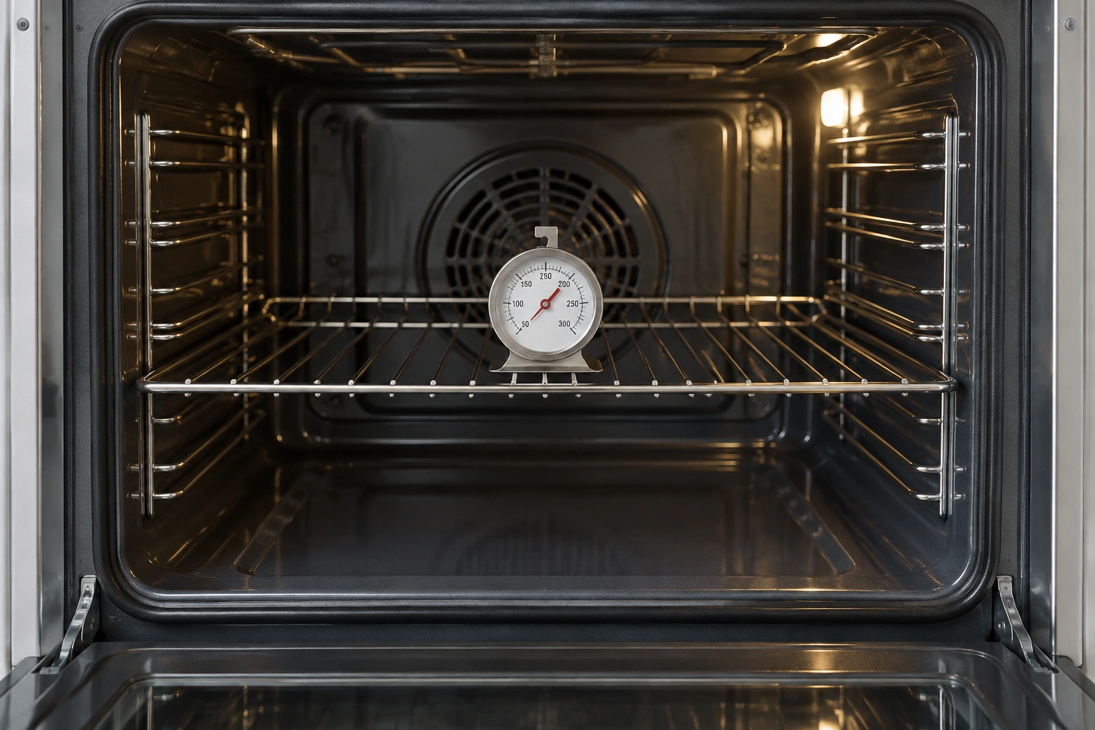 Oven thermometer placed on a center rack inside a home oven