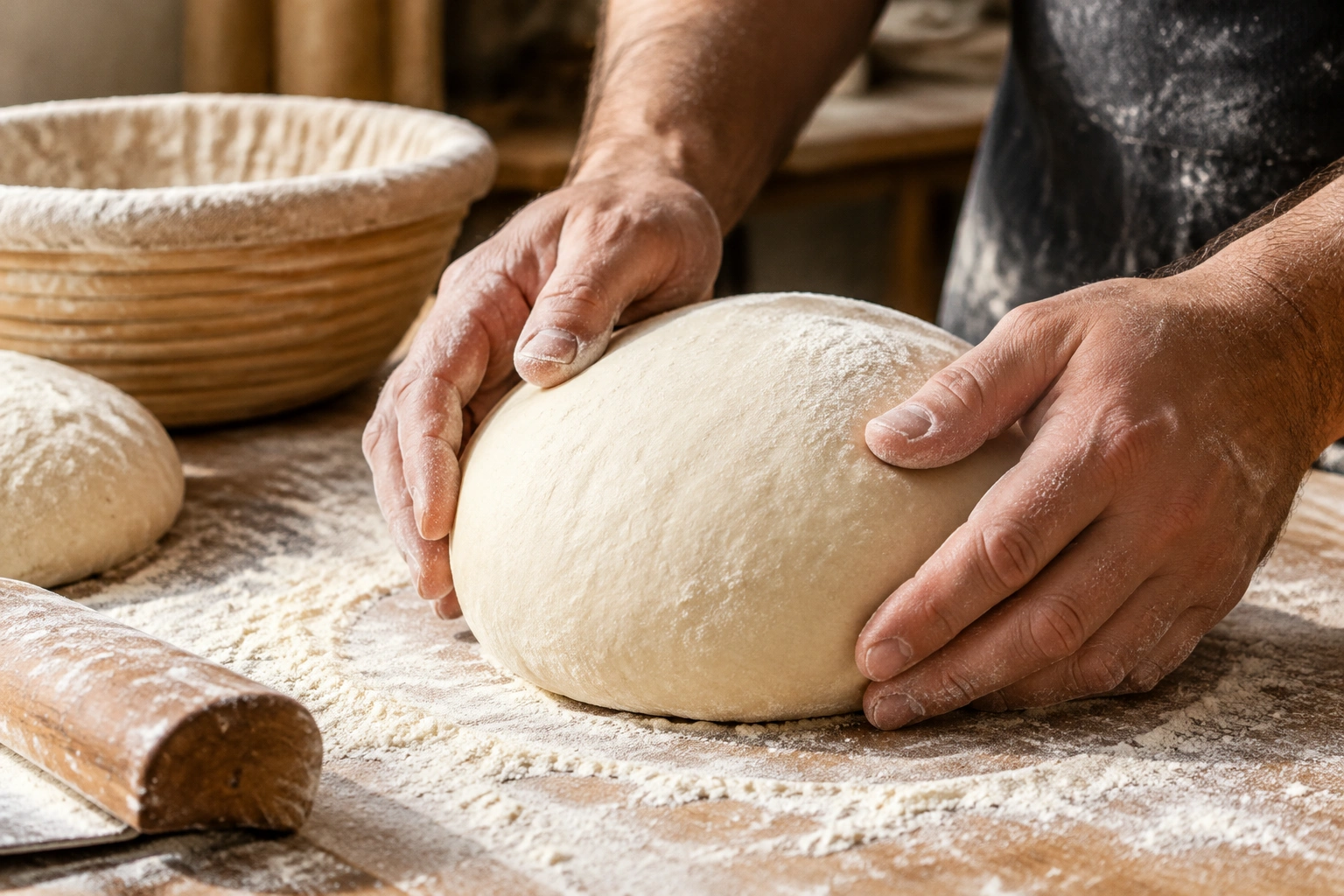 Hands checking smooth bread dough during kneading