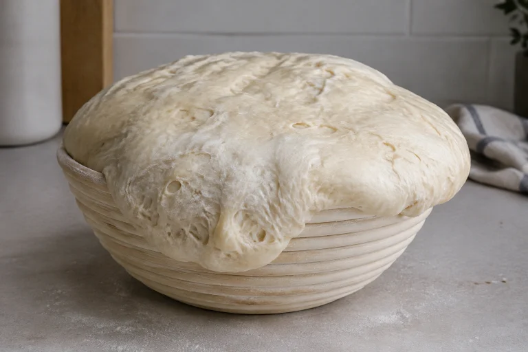 Close-up of overproofed bread dough in a proofing basket, puffy and slightly sagging