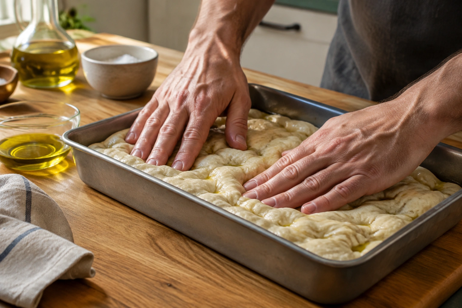 Overproofed pizza dough being gently pressed into an oiled baking pan