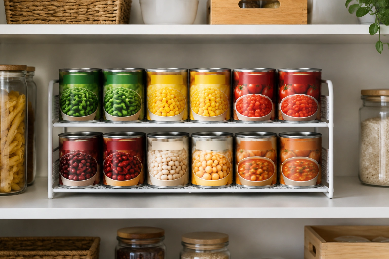 Pantry shelf with neatly arranged canned goods in a simple organizer