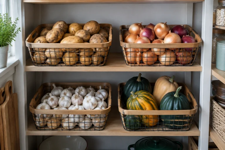 Basket of pantry vegetables stored in a cool dark place