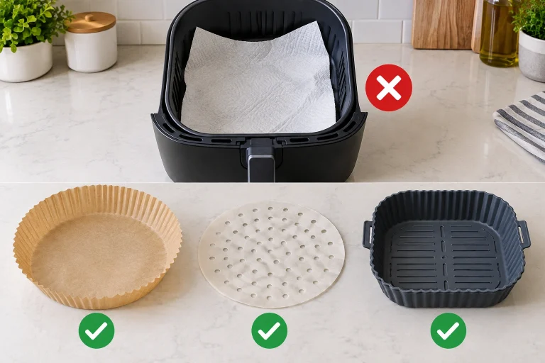 Air fryer basket with paper towel crossed out and safer liner options beside it