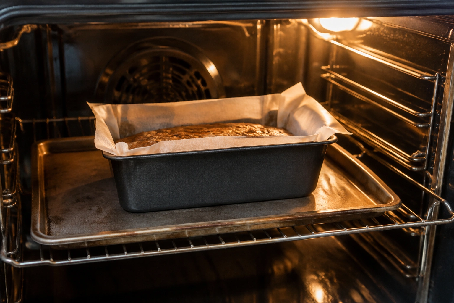 Loaf pan lined with parchment and placed on a baking sheet in an oven