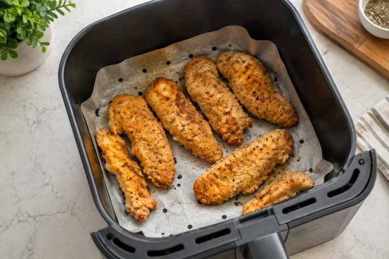 Perforated parchment liner in an air fryer basket