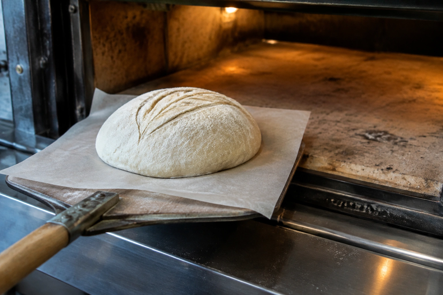 Dough on parchment being moved onto a hot baking stone