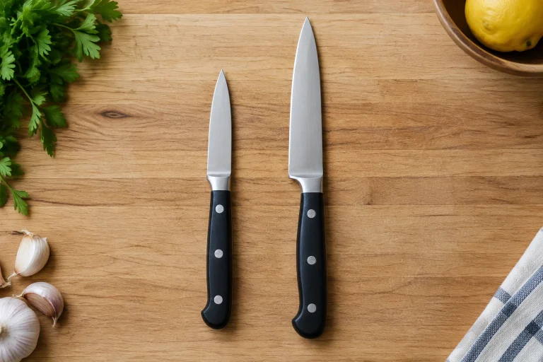 Side-by-side comparison of a paring knife and a utility knife on a cutting board