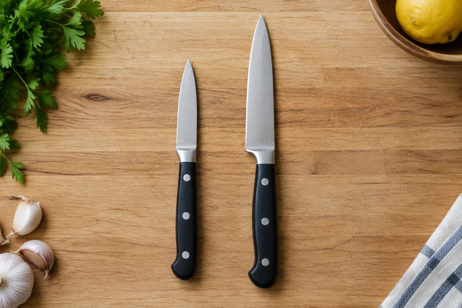 Side-by-side comparison of a paring knife and a utility knife on a cutting board