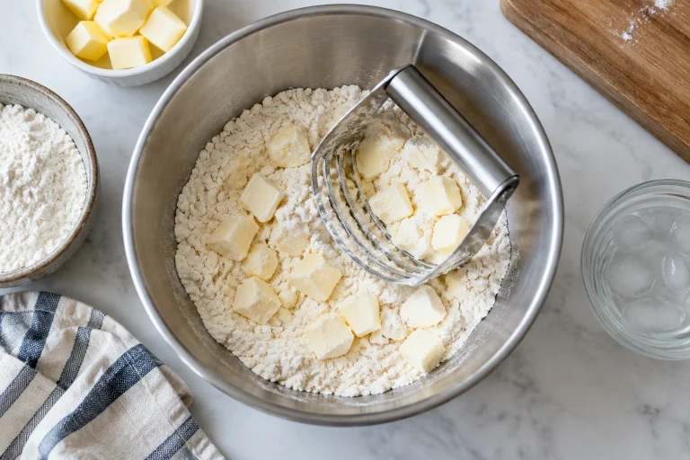 Pastry blender cutting cold butter into flour in a mixing bowl