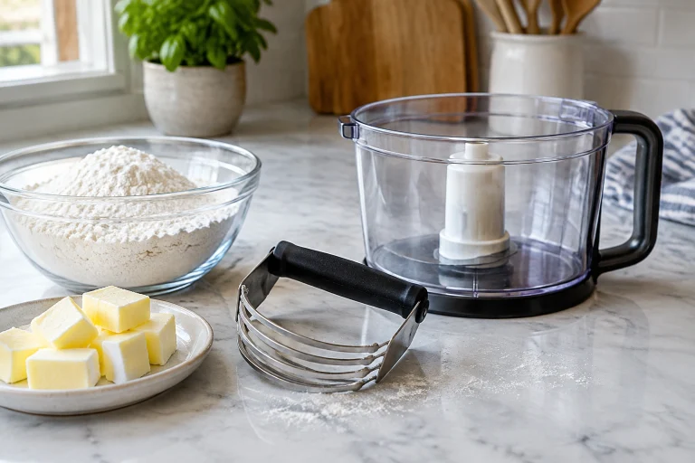 A pastry blender beside a food processor bowl on a kitchen counter