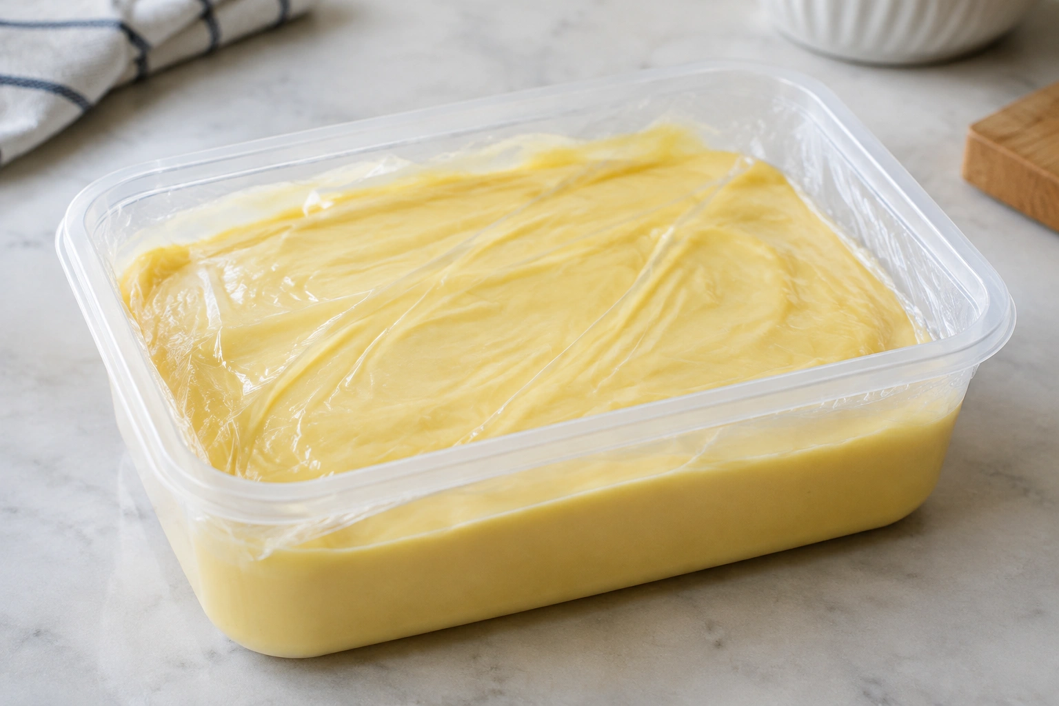Airtight container with pastry cream covered for refrigeration