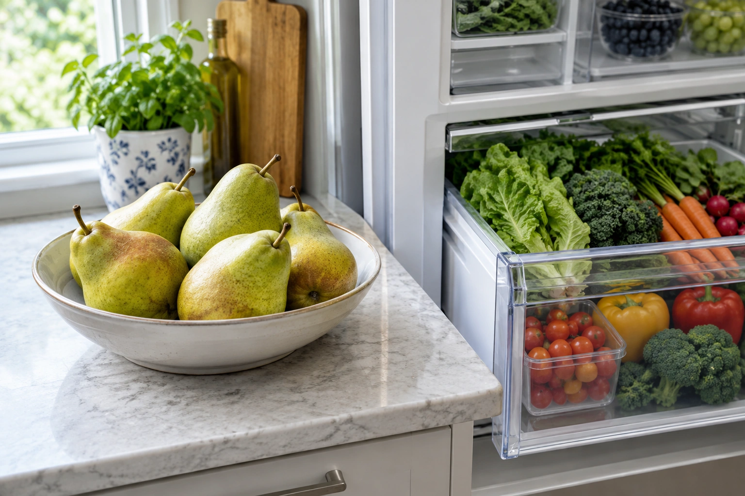 A bowl of whole pears beside a refrigerator drawer