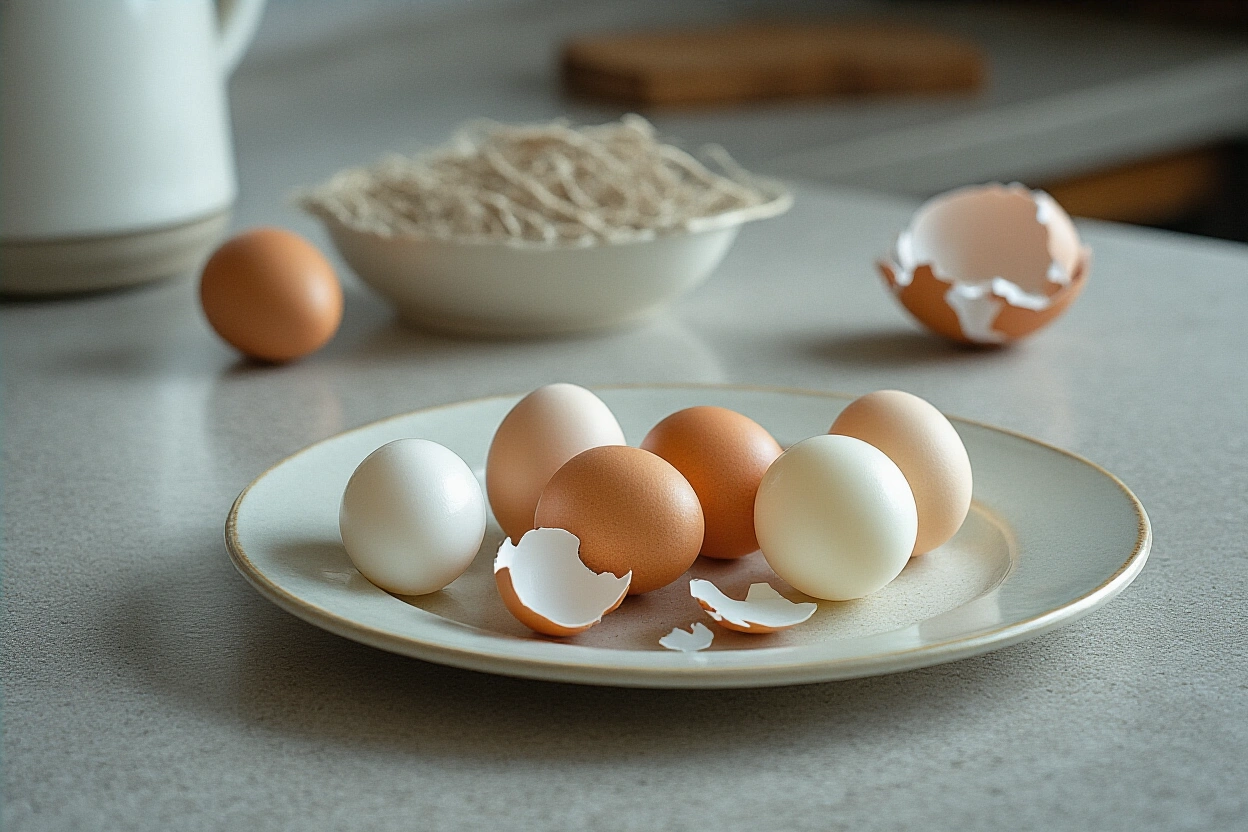 A simple comparison of peeled boiled eggs and shell pieces on a plate