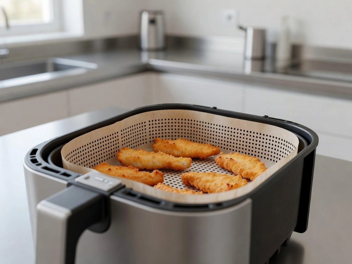 Perforated liner under chicken tenders in basket