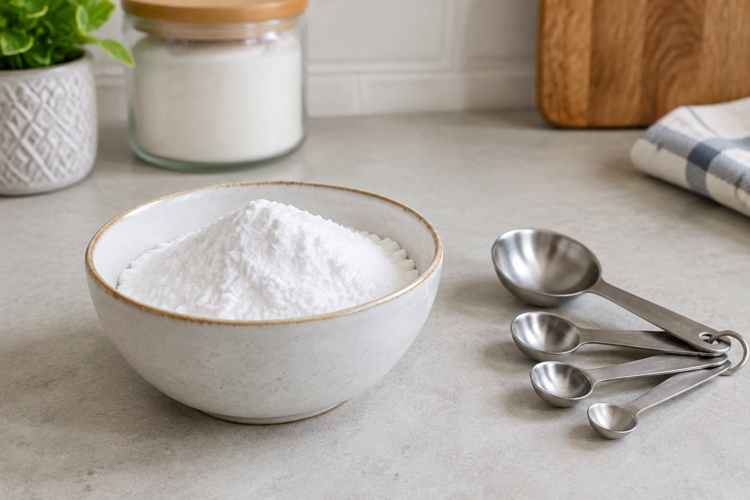 A bowl of baking soda beside measuring spoons