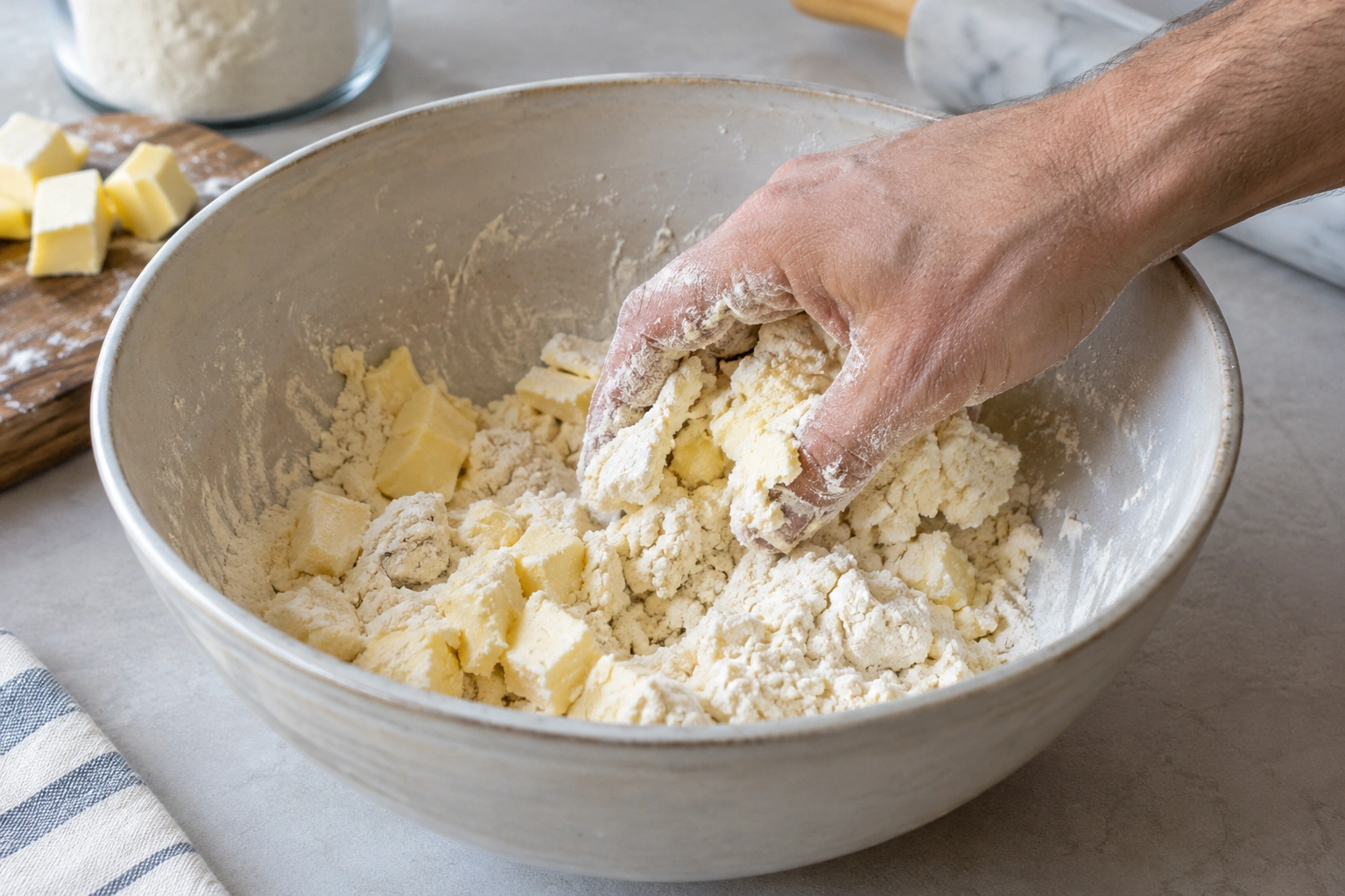 Close-up of pie dough with visible butter pieces in flour